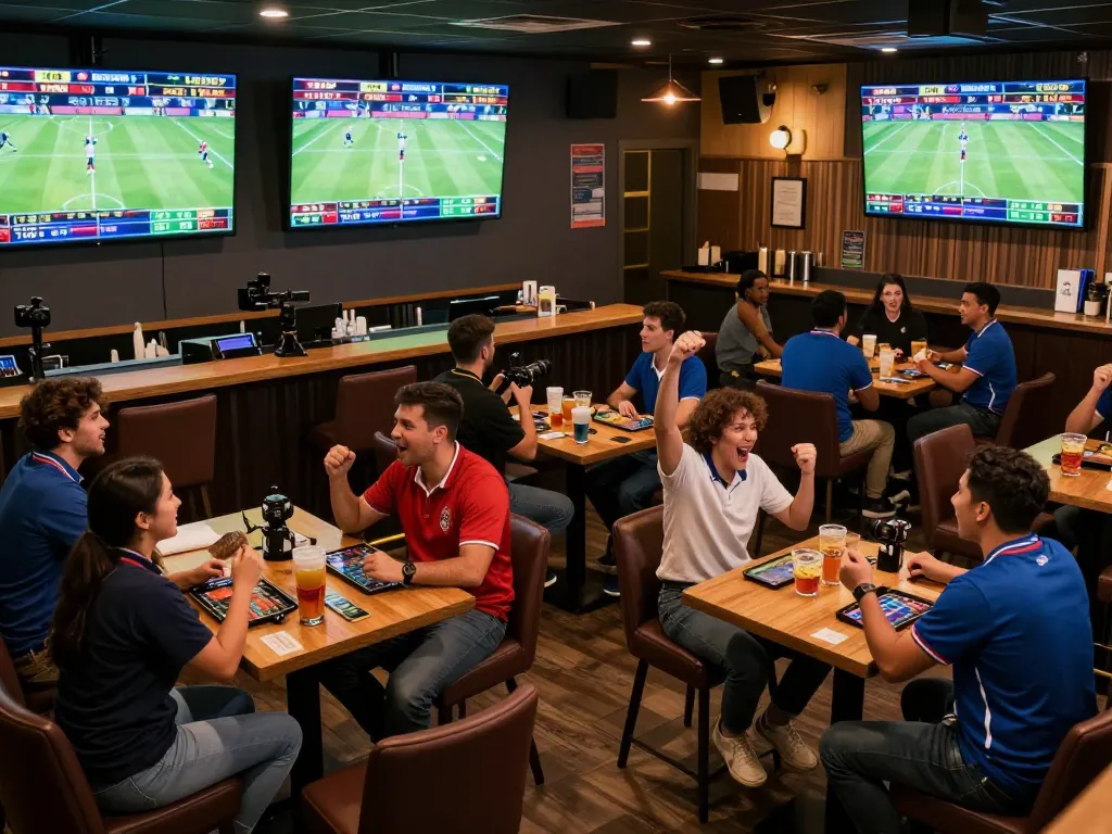 Excited bettors at https://fabet.credit/ placing live bets while watching games in a lively sports bar atmosphere.