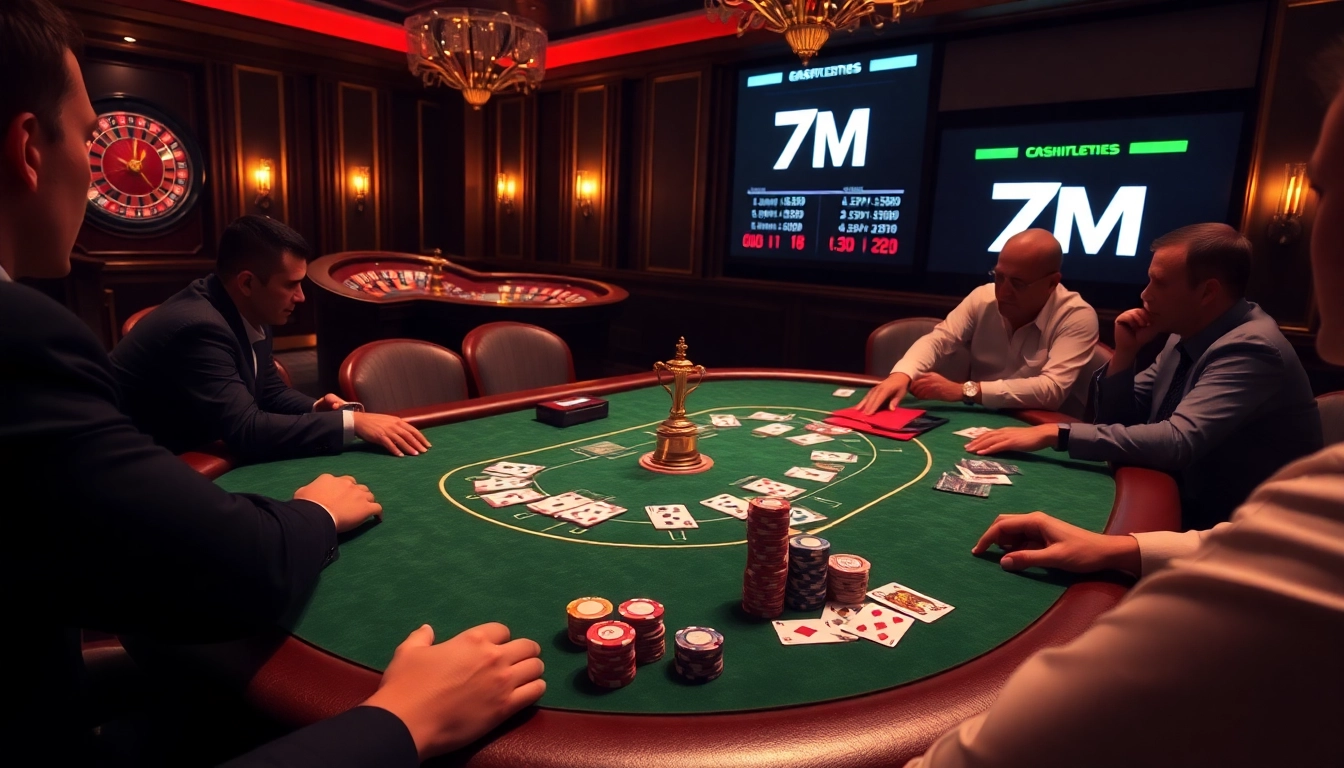Experience thrilling poker action at 7M's luxurious casino, showcasing elegant tables and intense gameplay.