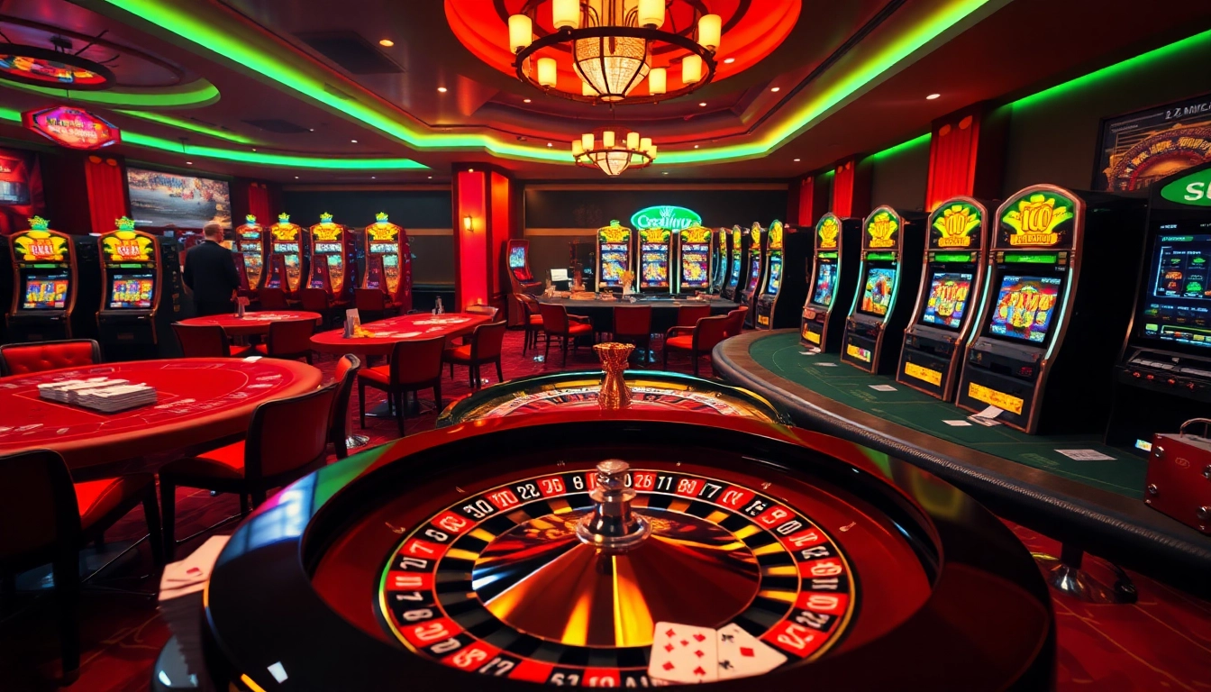 Engaging scene of gambling excitement featuring Đăng nhập King88 and lively casino elements including poker tables, roulette wheel, and slot machines.