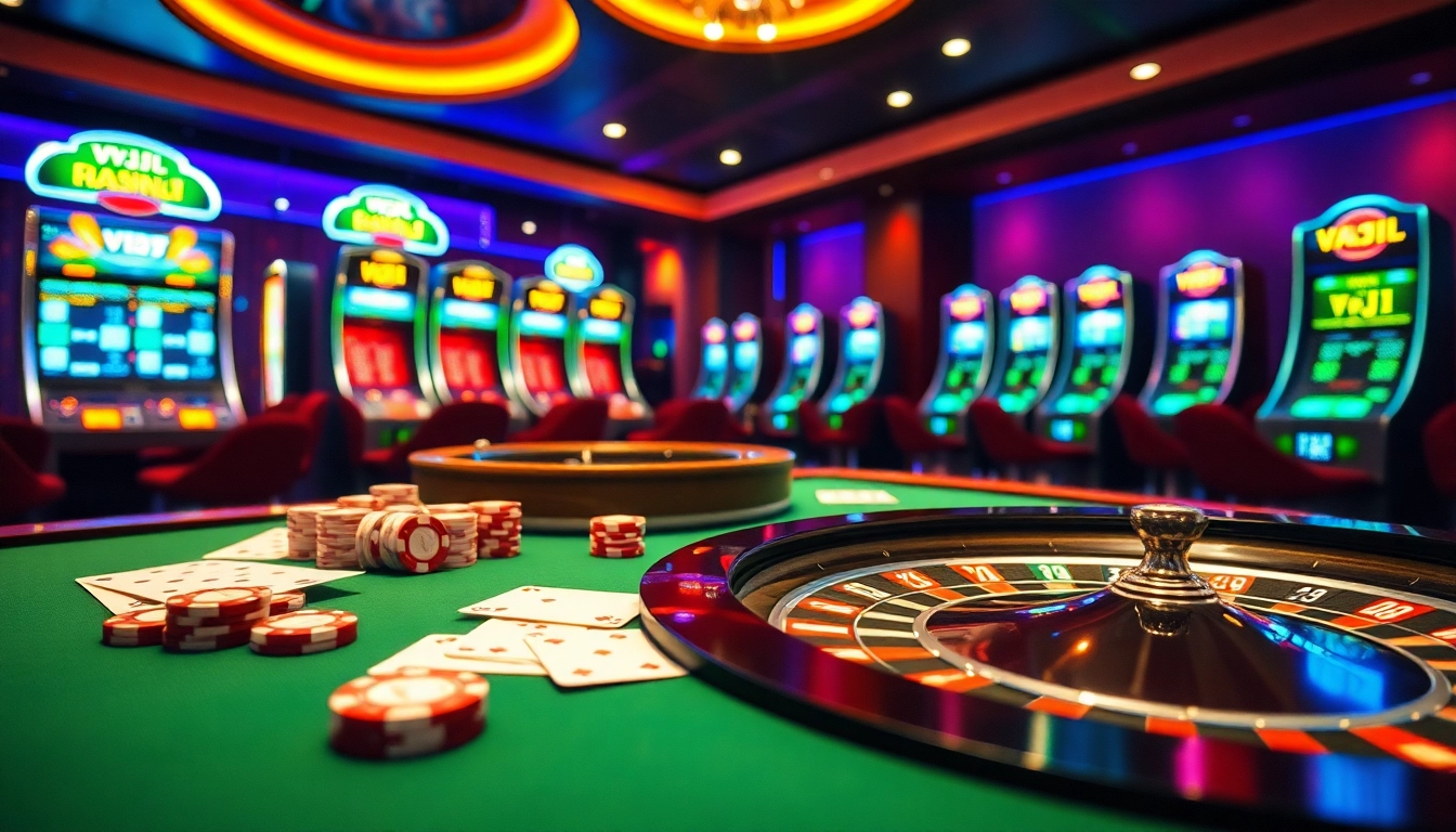 Experience the thrill of gambling on the vvjl platform with a luxurious casino scene featuring roulette and poker elements.