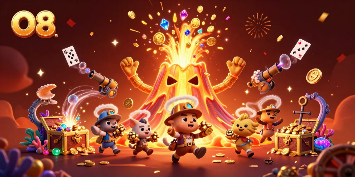 O8 creates a vibrant adventure with a golden volcano, fireworks, and treasures bursting in this thrilling casino scene.