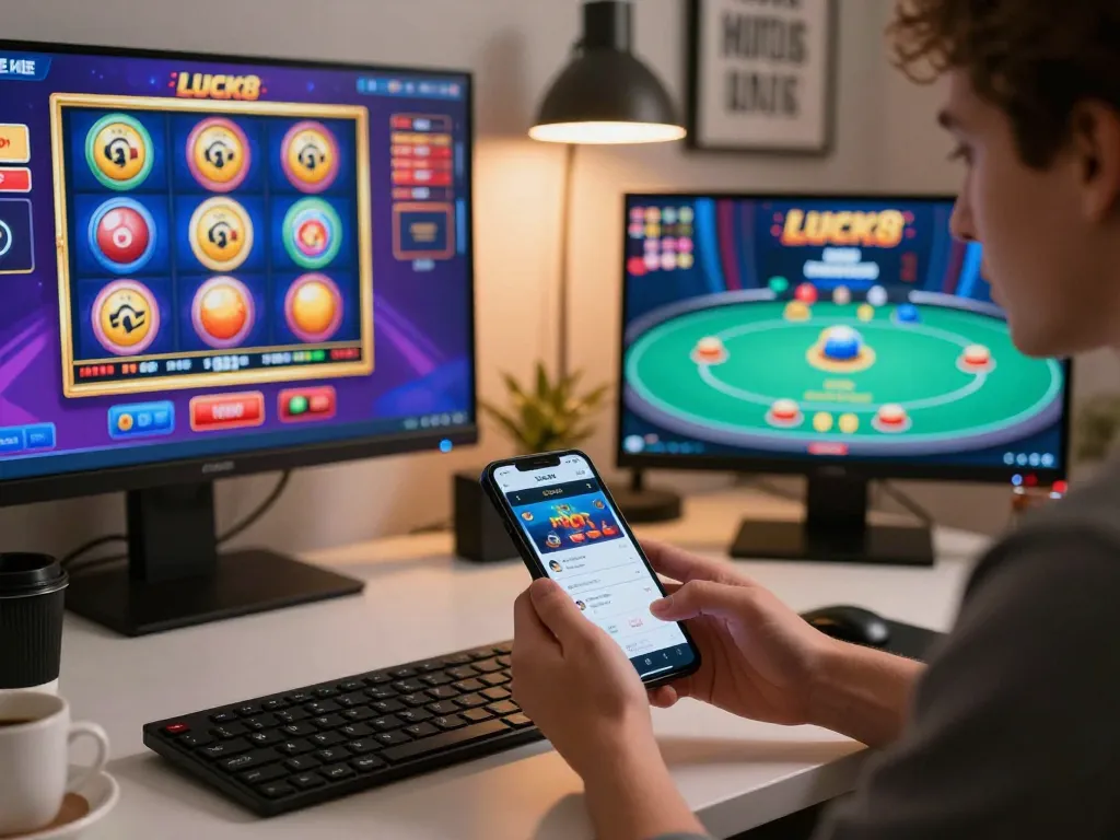 Tham gia ứng dụng di động LUCK8 để trải nghiệm trò chơi casino trực tuyến năng động trong một không gian làm việc hiện đại