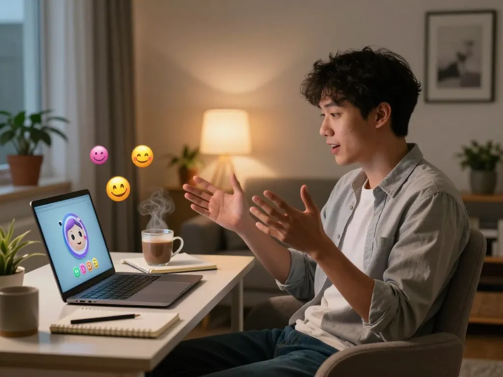 A cozy home office scene featuring ai sex chat with a digital companion on a laptop, showcasing warm atmosphere and personal engagement.