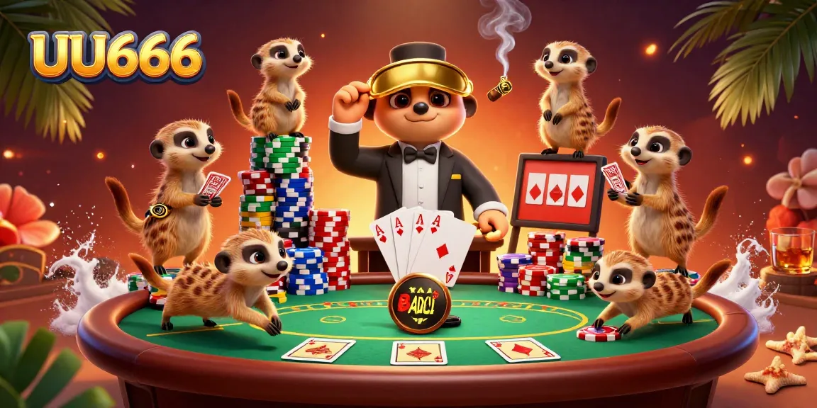 UU666 meerkats manage a vibrant casino scene with poker activities, colorful chips, and festive details.