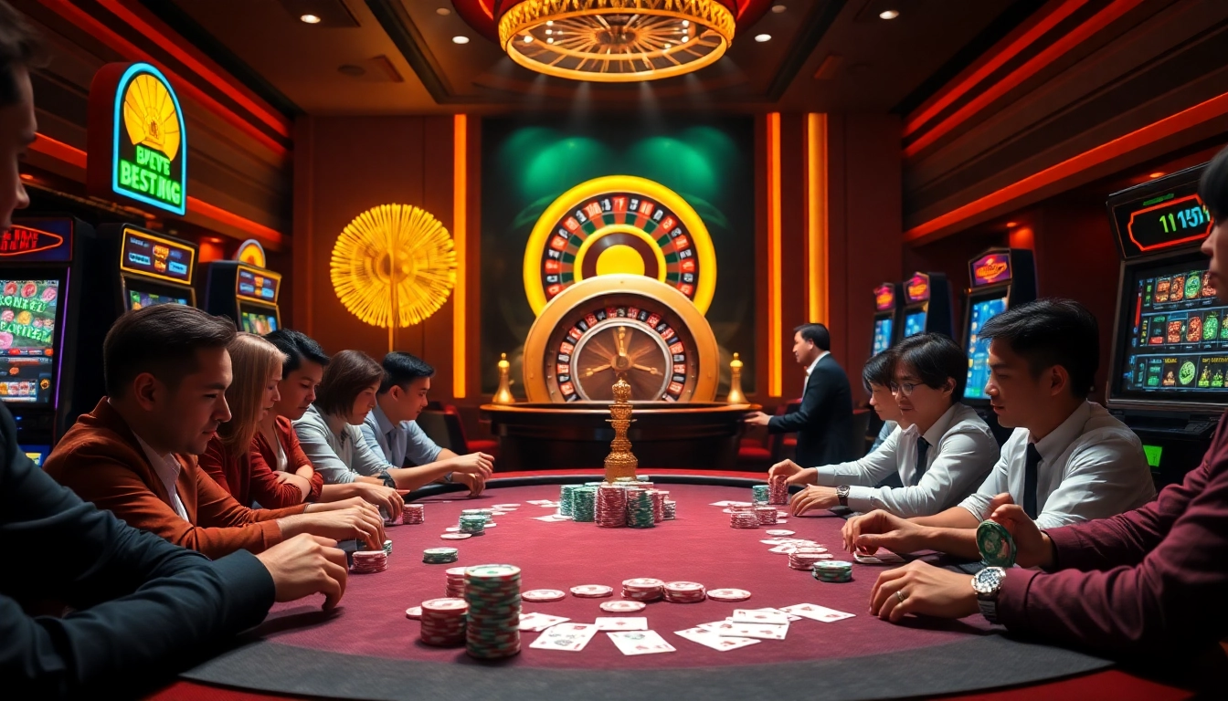 Experience the thrill of gambling at luck8.com with vibrant poker chips and flashing slot machines.