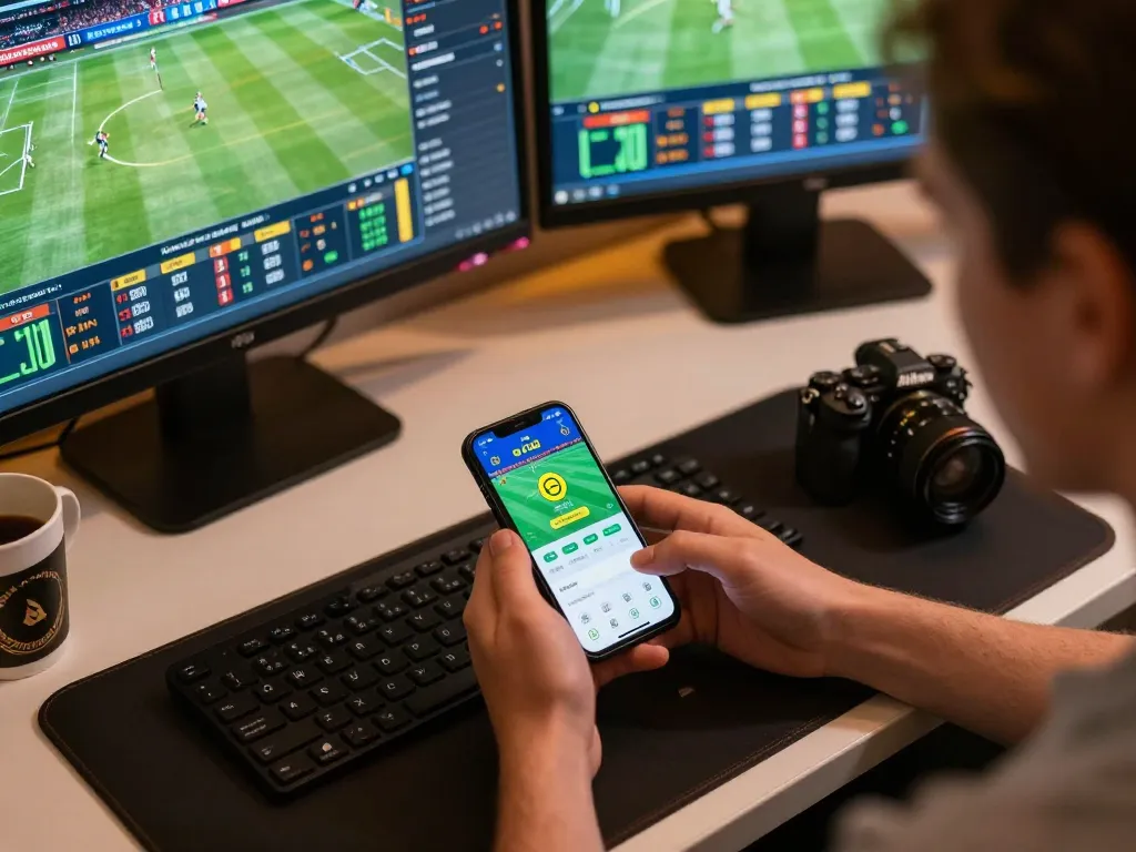 Placing sports bets via ee88 app on smartphone, with live event screens in the background.