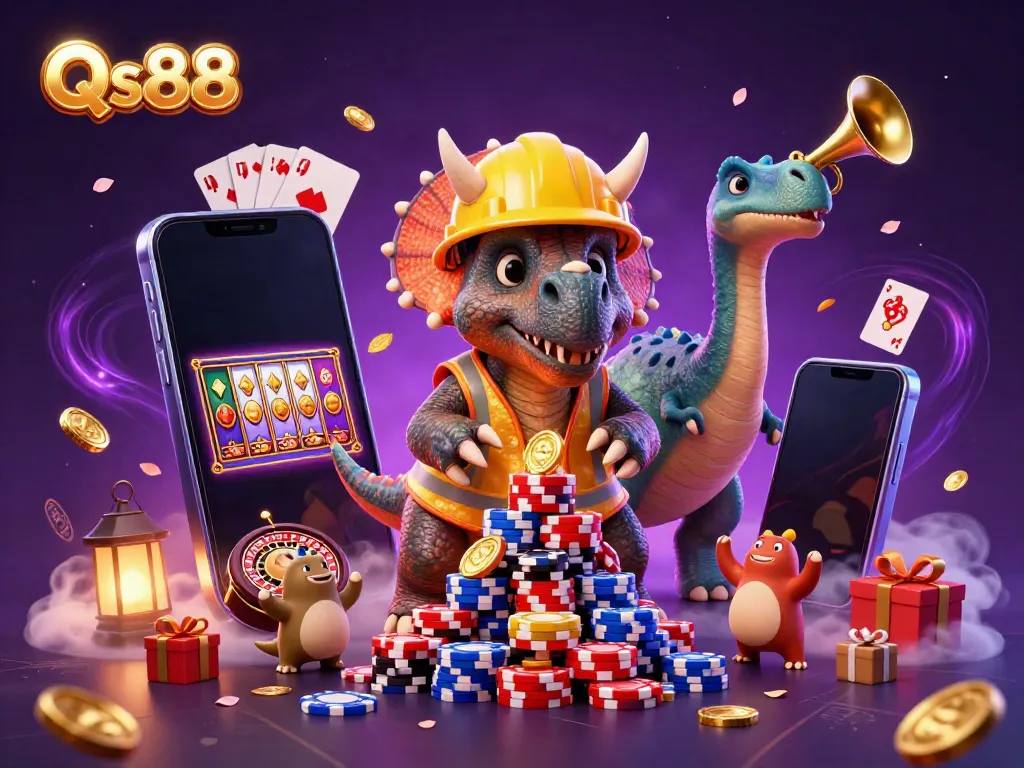 Experience thrilling gameplay with Qs88 as a triceratops celebrates atop a poker chip pyramid in a vibrant casino-themed scene.