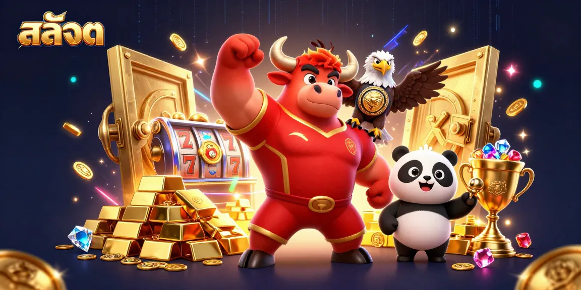 Spin the reels and win with สล็อต, featuring dynamic characters celebrating jackpots amidst gold and jewels.