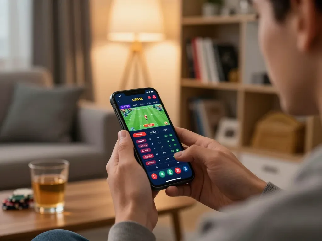 Player engaging in mobile sports betting with EE88 app in a cozy home setting