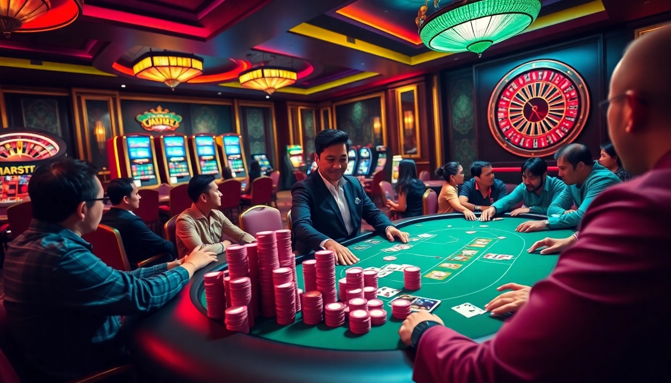 Exciting gameplay at trang chủ 8kbet poker table surrounded by vibrant casino action.