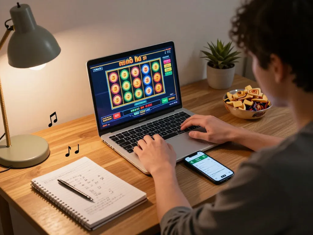 Engaging in nổ hũ gameplay on a laptop at home, with strategy notes and betting app visible