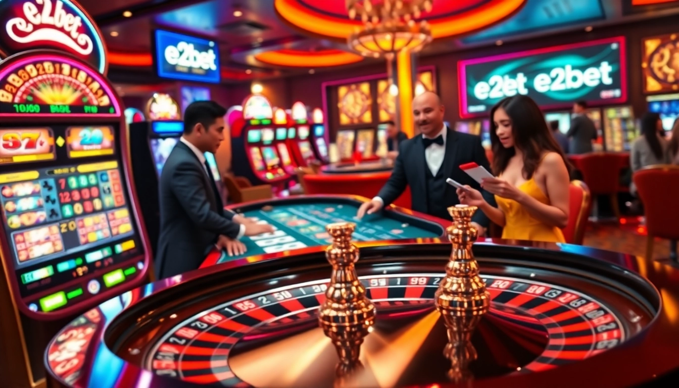 Experience thrilling online gambling at e2bet with vibrant slot machines and roulette wheels.