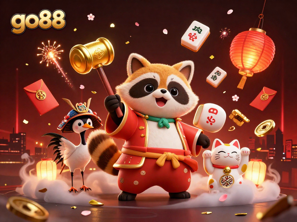 Celebrate with go88's lucky tanuki, vibrant maneki-neko, and festive mahjong in a rich casino scene.