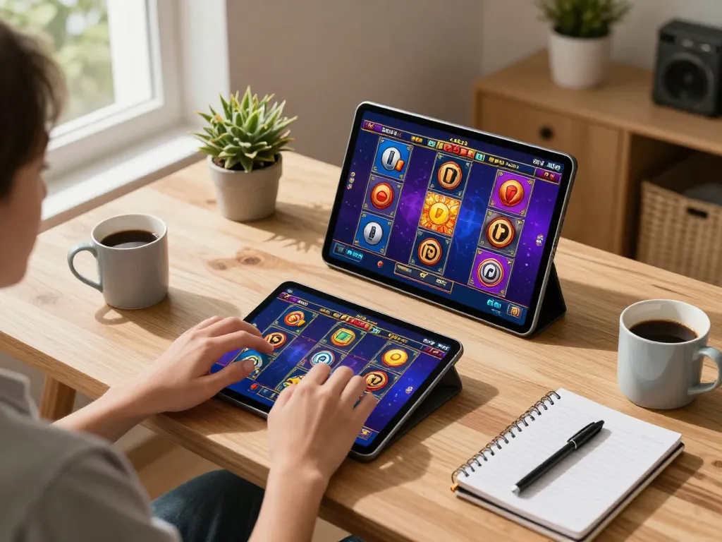 Permainan menarik di antarmuka link slot dalam pengaturan permainan rumah yang nyaman dengan tablet dan buku catatan.