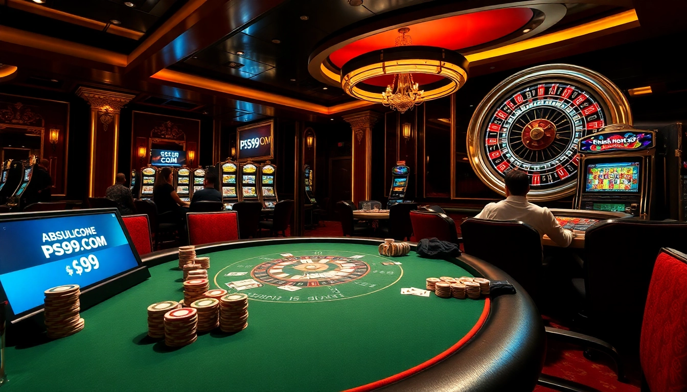 Players strategizing at a poker table in a casino setting showcasing PS99 COM excitement.