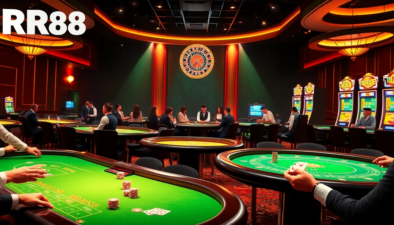 Experience exhilarating gaming at RR88 with vibrant tables, engaging players, and thrilling roulette.