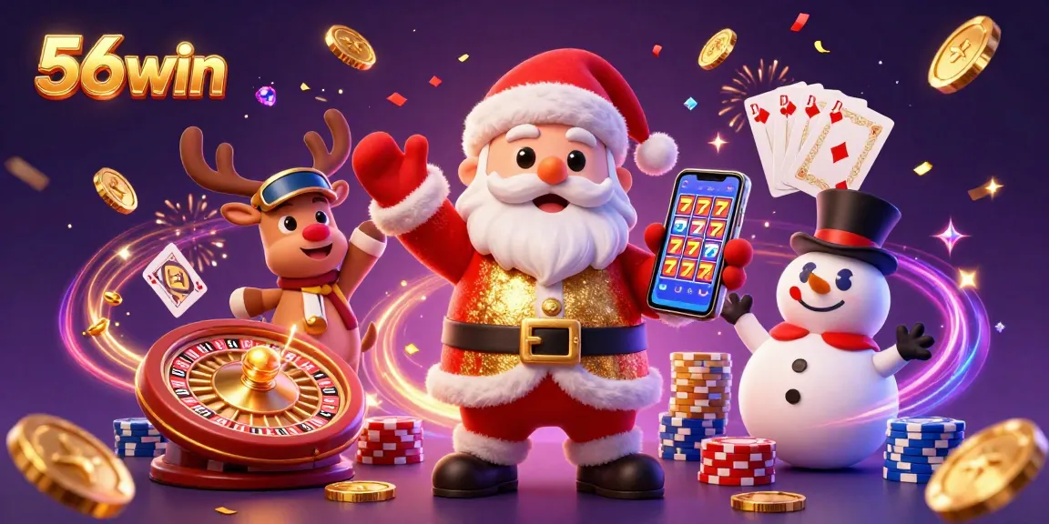 Experience the excitement of 56win with Santa, reindeer, and snowman amid casino riches.