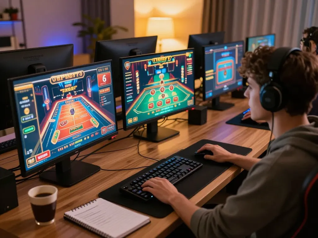 Engage in thrilling online gaming at 78wingo with a cozy setup and multiple screens displaying casino games