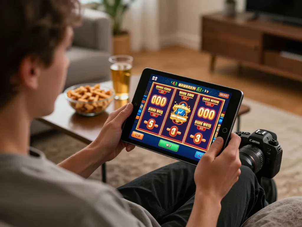 Player engaging with go8 slot game on tablet in cozy home setting, snacks nearby for a relaxed experience.
