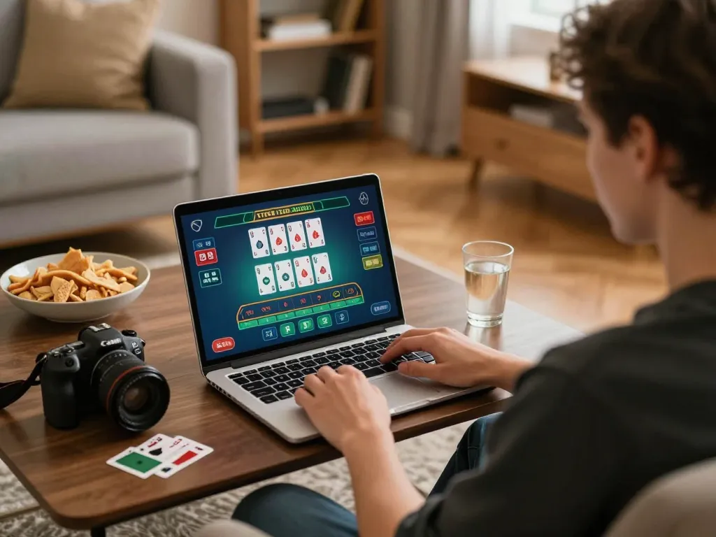 Engaged player using lv 88 online casino for live blackjack, showcasing a cozy home gaming setup.