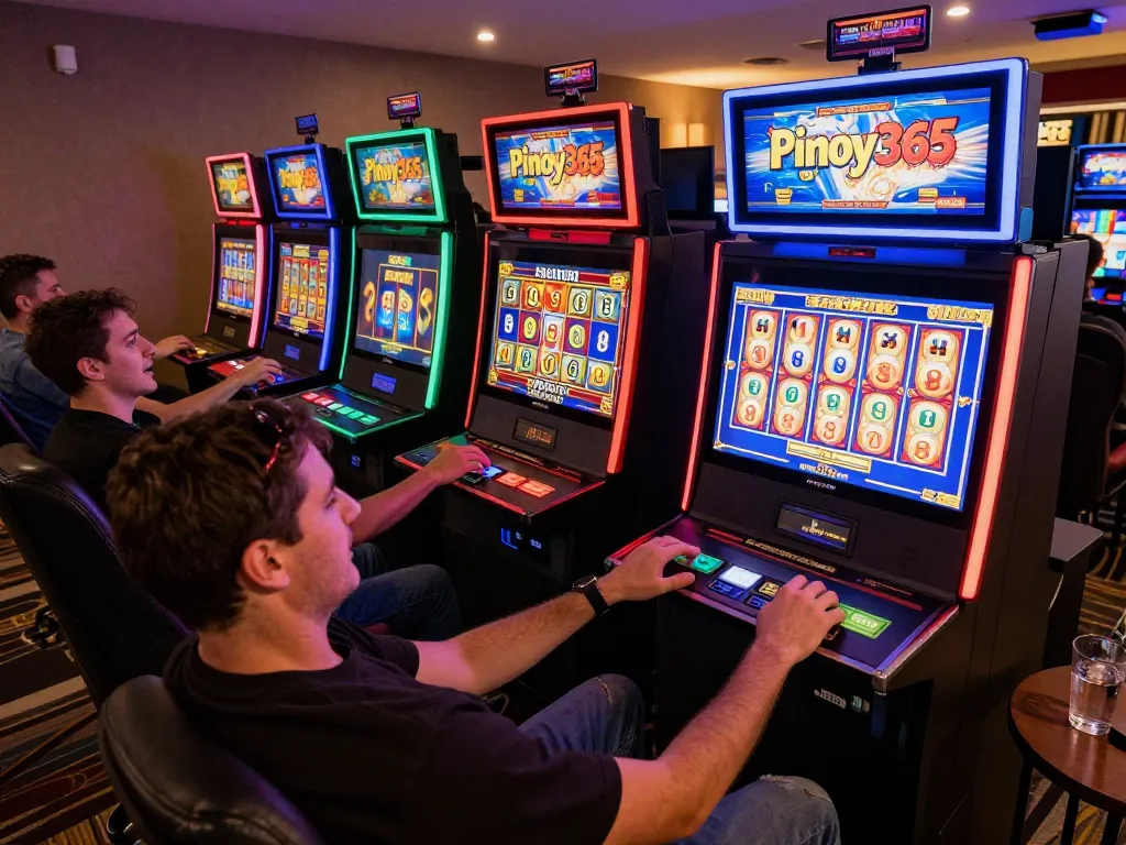 Engaged players enjoying Pinoy Casino Game spins on colorful online slot machines in a cozy home setting.