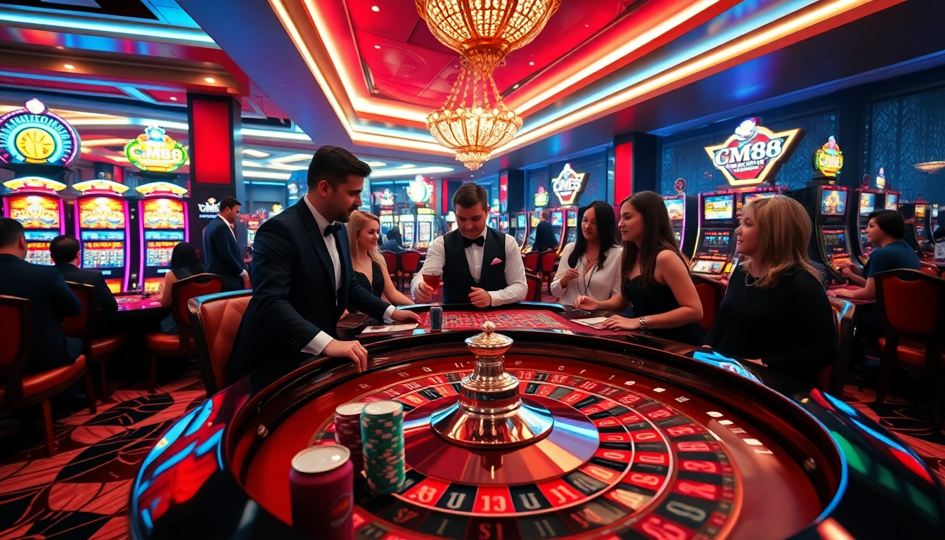 Engage with exciting CM88 casino action at a roulette table with vibrant lighting and premium chips.