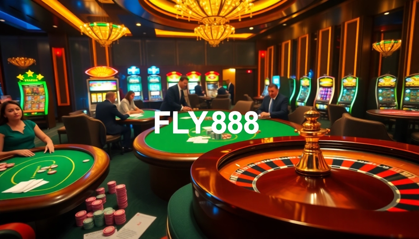 FLY88's vibrant casino scene featuring poker tables, roulette, and bright slot machines.