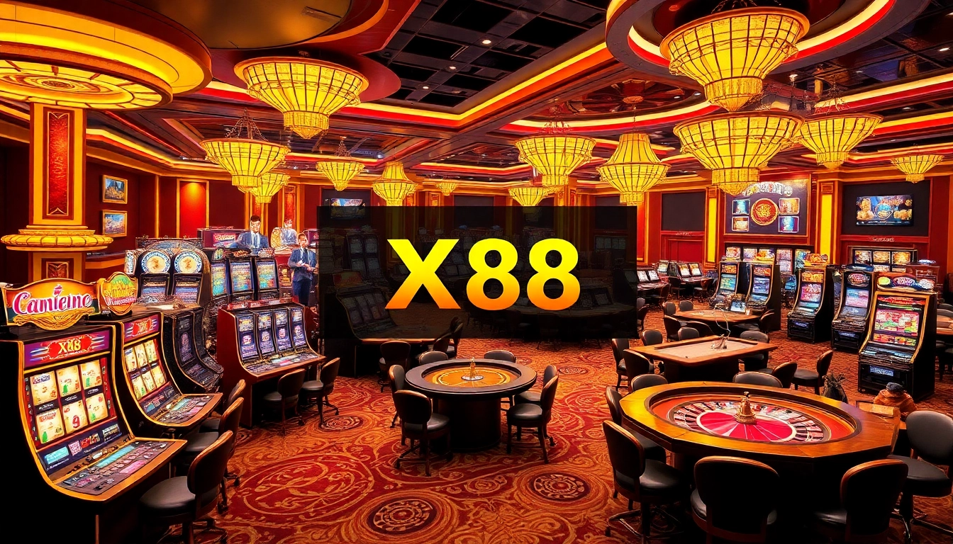 Experience the thrill of Nhà cái X88 with vibrant casino visuals showcasing exciting games and players engaged in action.
