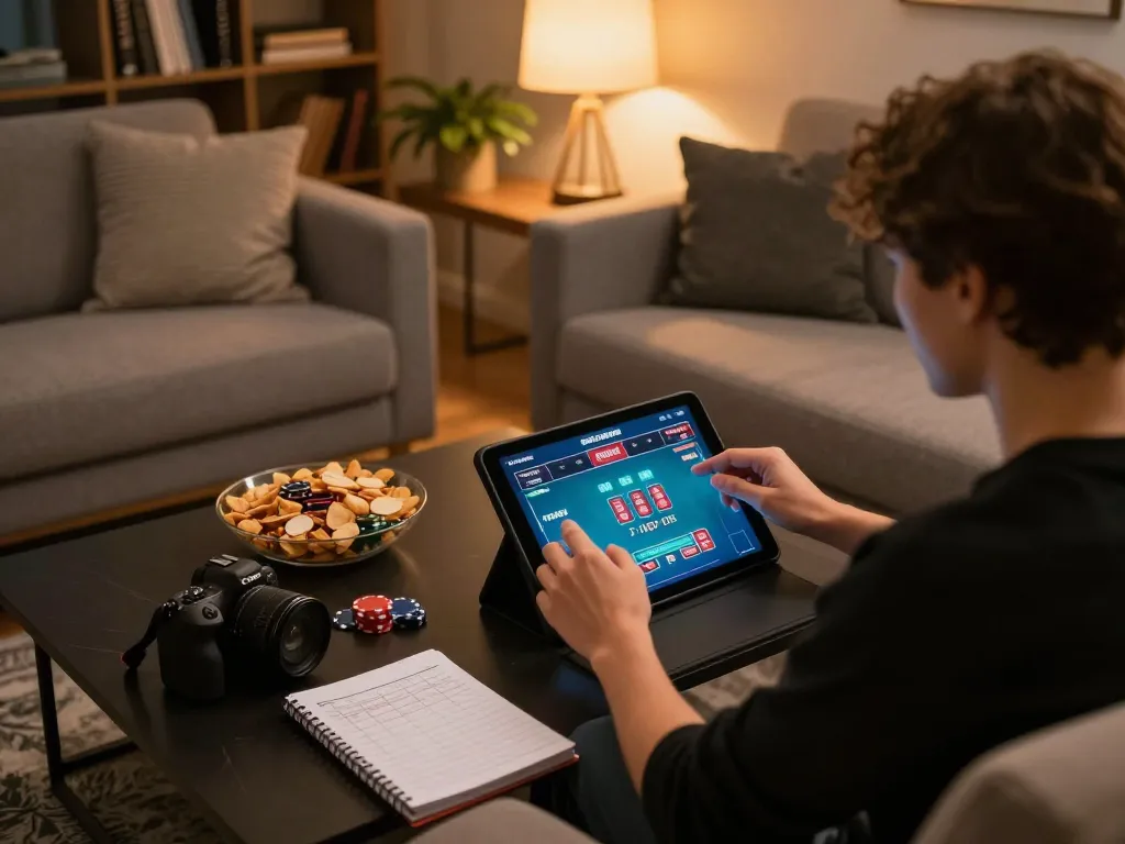 OnBet user experiencing thrilling online poker gameplay on tablet in cozy living room.