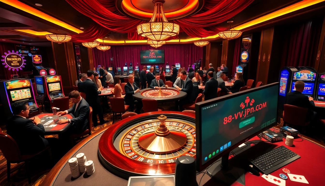 Players enjoying a vibrant casino scene with 88vv.jpn.com tables and exciting poker action.