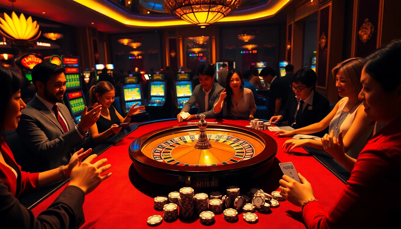 Players eagerly betting at a luxurious casino table with HU88 branding, surrounded by vibrant gaming elements.