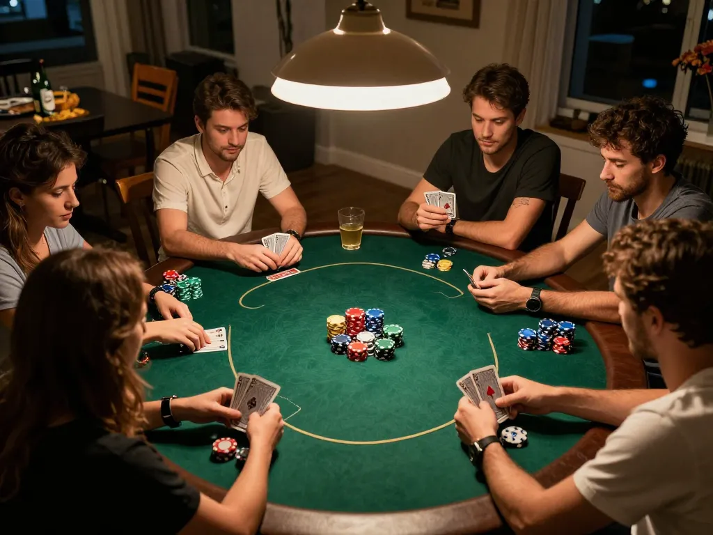 Engaged players strategizing around a poker table reflecting kèo nhà cái betting dynamics in a private home game.