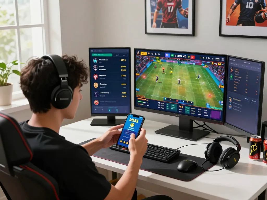 Player engaging with bl555 platform in a vibrant home office, showcasing dynamic online betting.