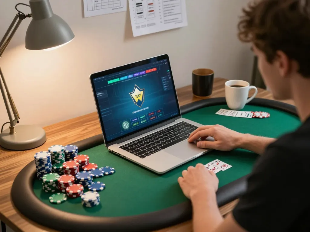 Player enjoying poker on 23Win with colorful chips and focused expression in cozy home setup.