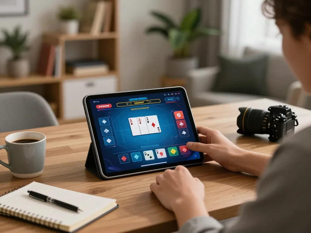 Player enjoys sunwingo poker game on tablet, showcasing strategic betting and vibrant gameplay interface