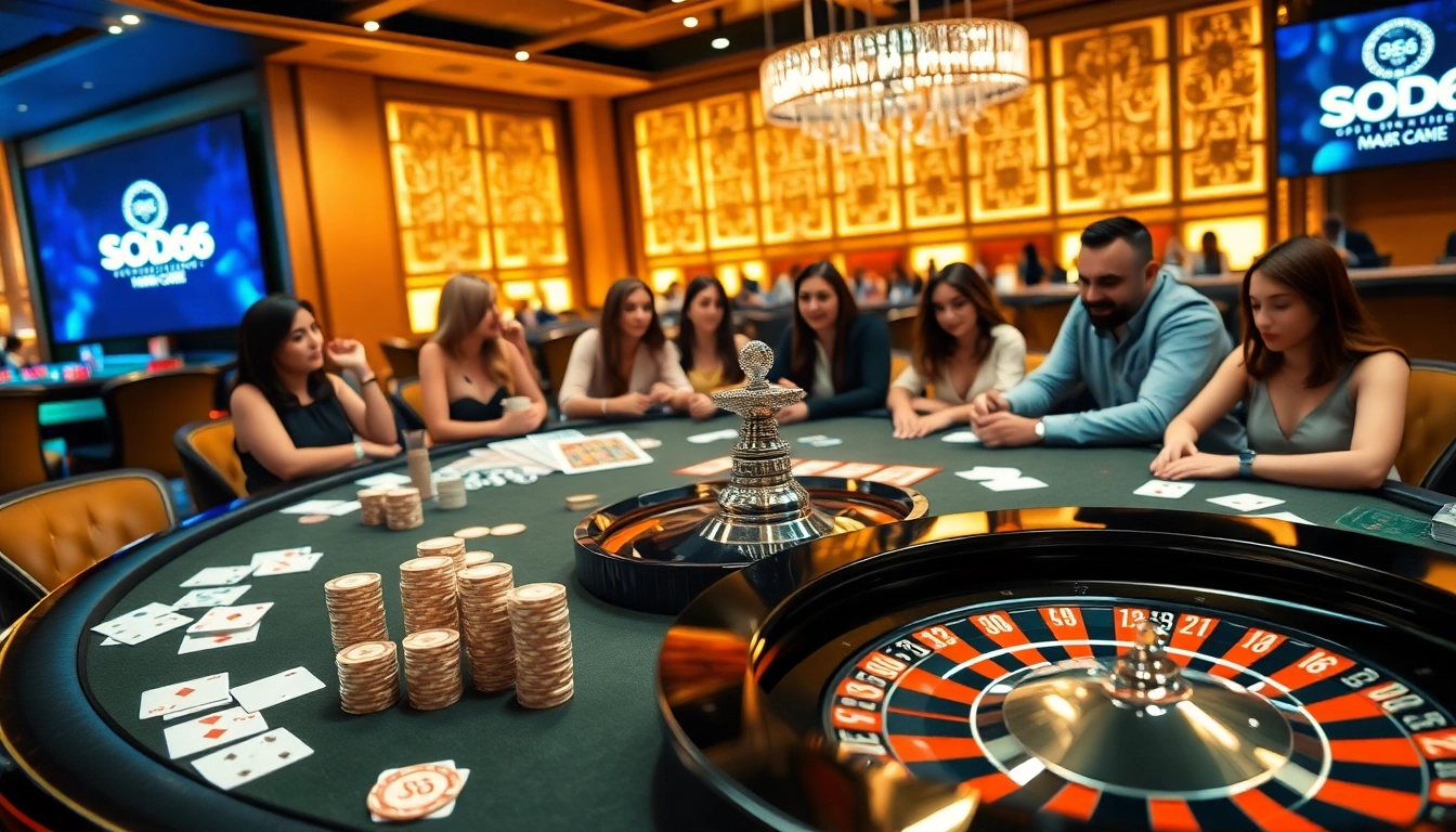 Watch players enjoying a luxurious casino experience at SODO66 with poker chips and cards.