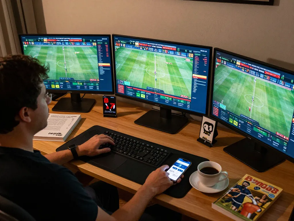 Bong88 user strategizing live sports bets at a stylish home office