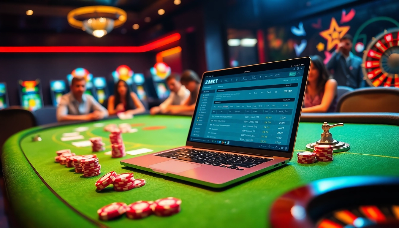 ZBET betting scene with gamblers at a casino table featuring cards, chips, and a roulette wheel.