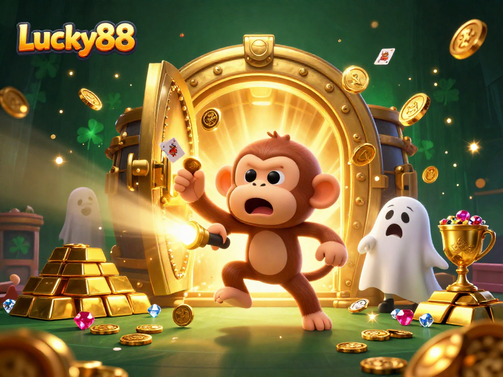 Engage with Lucky88 in a haunted casino scene featuring a mischievous monkey and ghost-hunter puppy.