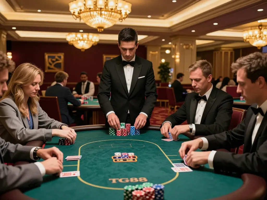 Tg88 players engaging in high-stakes poker game at upscale casino, vibrant atmosphere with dealer and stacks of chips.