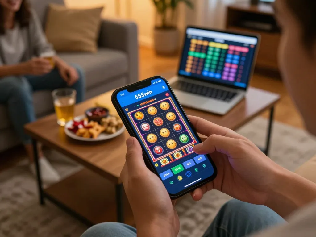 Engaging gameplay with the 555win app showcasing slot games on a smartphone in a cozy gaming environment.