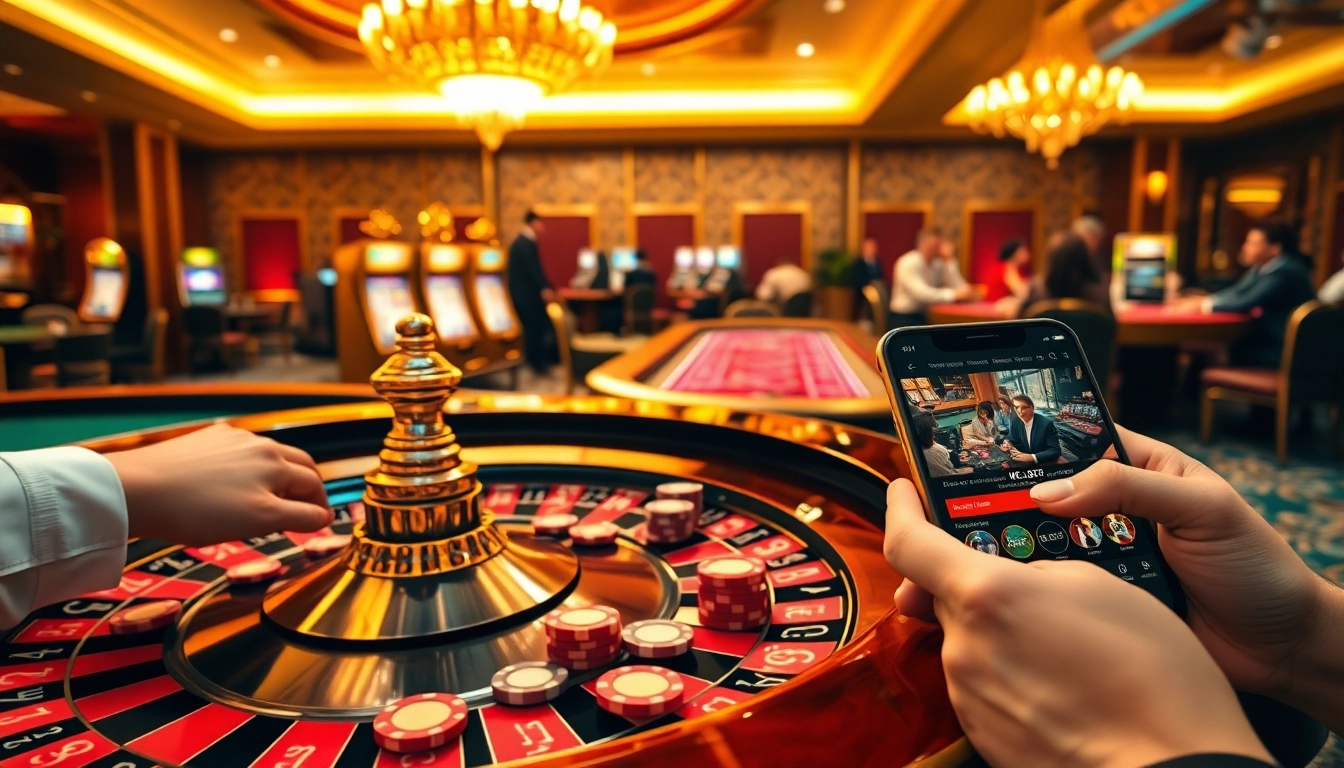 Excited gamblers at a luxurious casino engaging with the KJC platform for a thrilling experience.