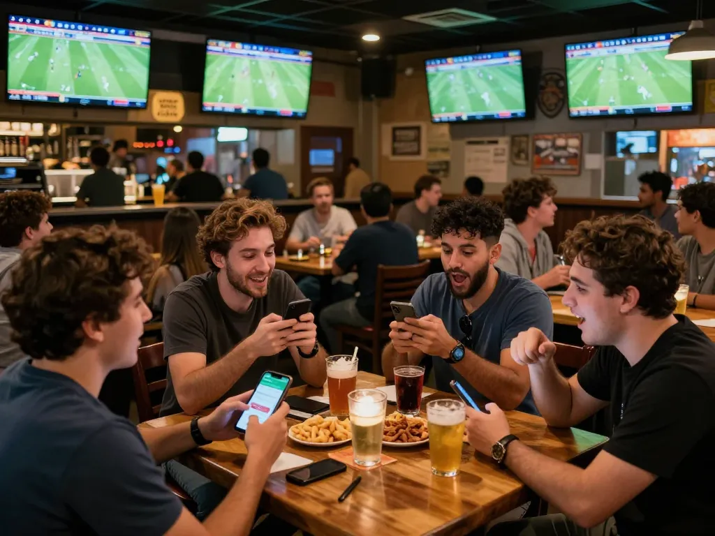 Fans engaging in sports betting and cheering for teams while monitoring resultsfootball on smartphones.
