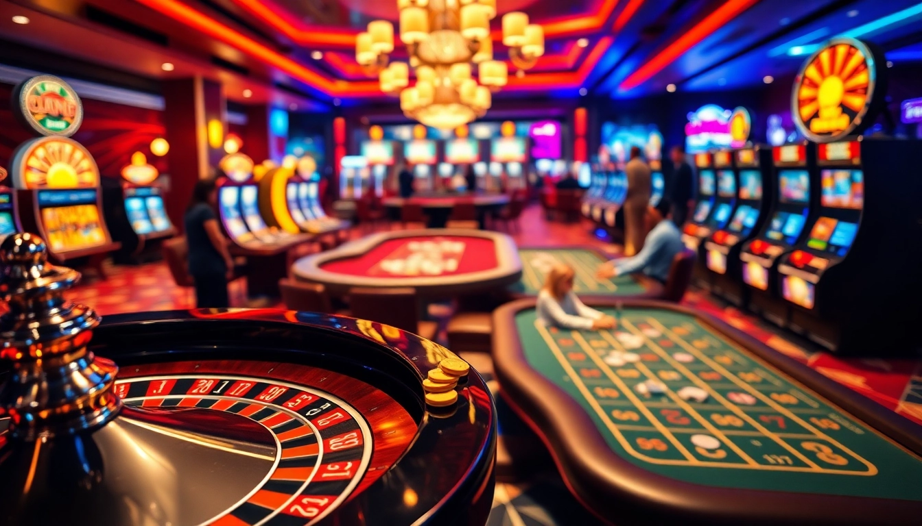 Exciting casino atmosphere with roulette, poker, and slot machines at TG777 link for thrilling gaming experience.