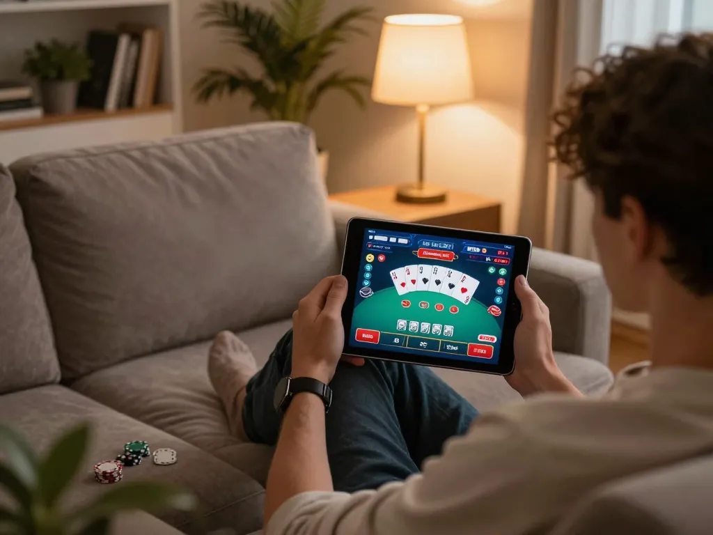 Engaged player experiencing nhà cái open88 on tablet in a cozy home setting showcasing live poker.