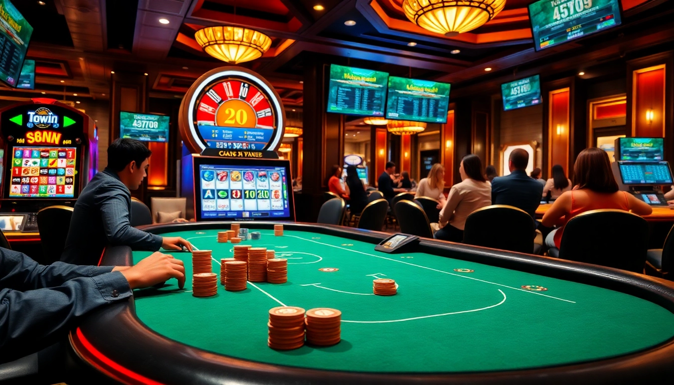 Experience the thrill of gaming at 98Win with poker chips and vibrant slot machines.
