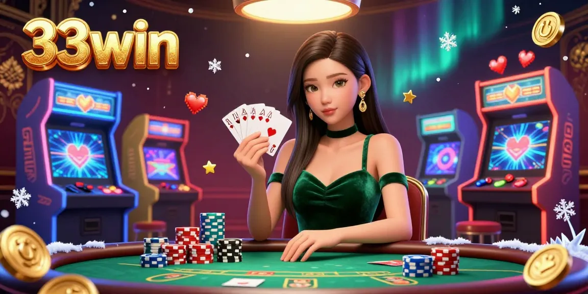Engage with 33win poker action at a lavish casino table featuring an Asian woman in elegant attire.