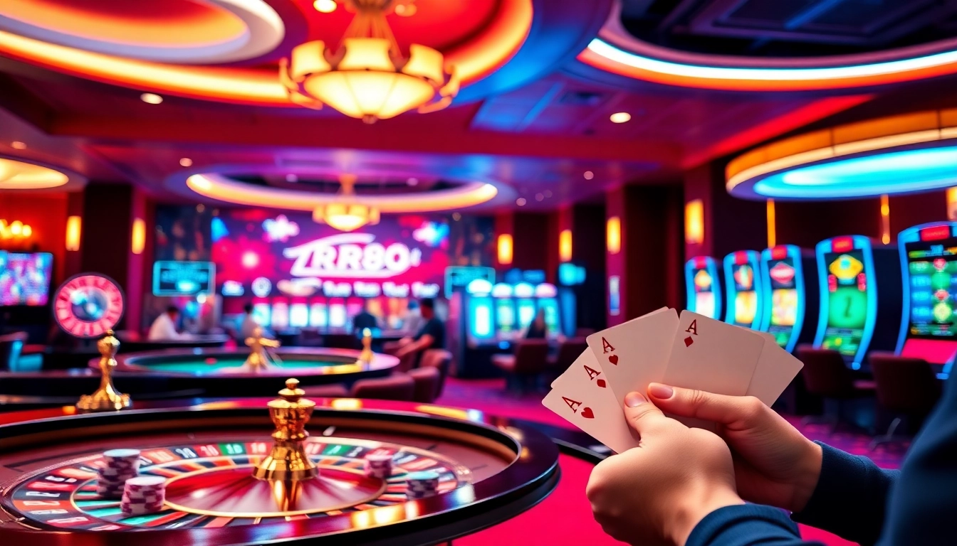 Engage with the luxurious gaming atmosphere at Nhà Cái RR88, featuring poker tables and vibrant slot machines.