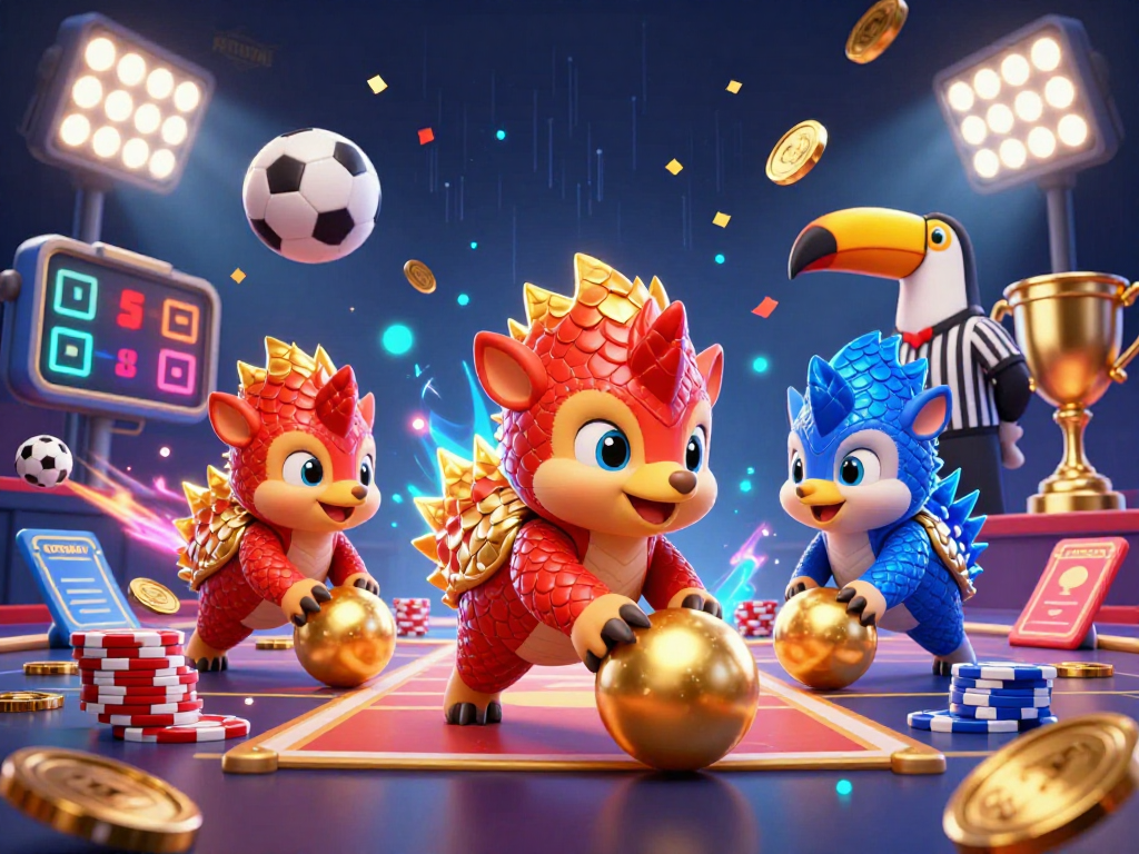 Engage with RICWIN's thrilling gameplay featuring rival pangolins competing amid vibrant casino elements.