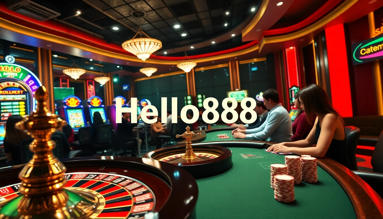 Hello88 players enjoying a thrilling experience at a vibrant casino table with roulette and poker chips.